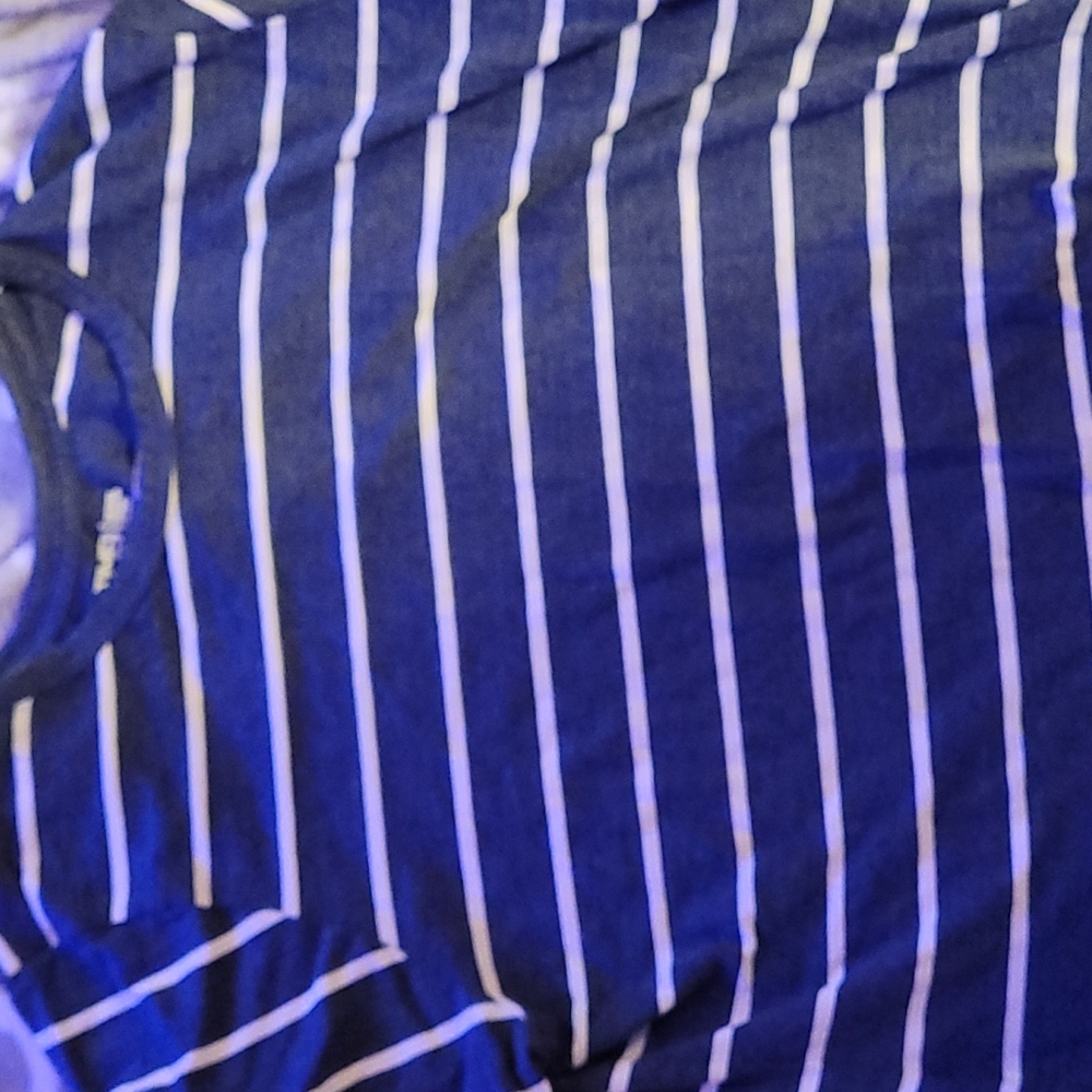 navy and white striped tee shirt